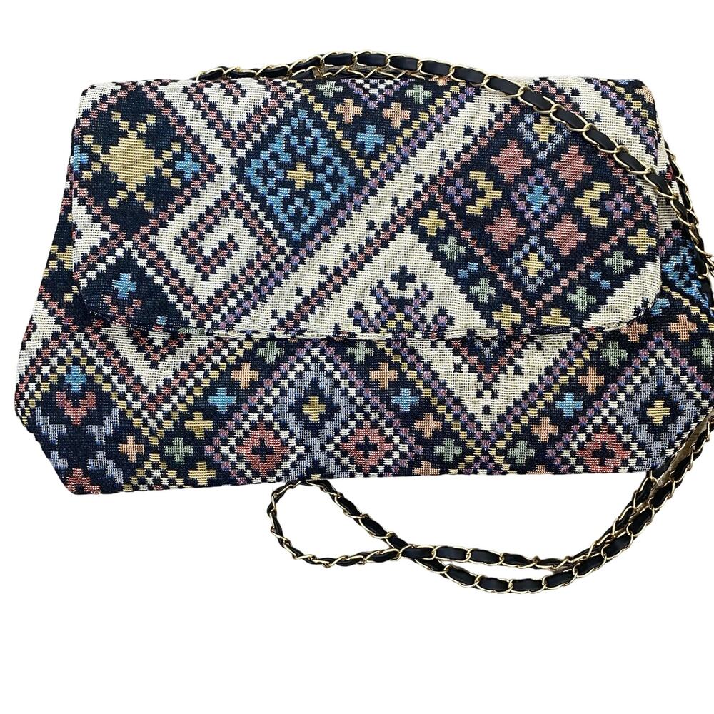 Tapestry Geometric Print Shoulder Bag Purse Boho Southwestern Chain Handles NEW